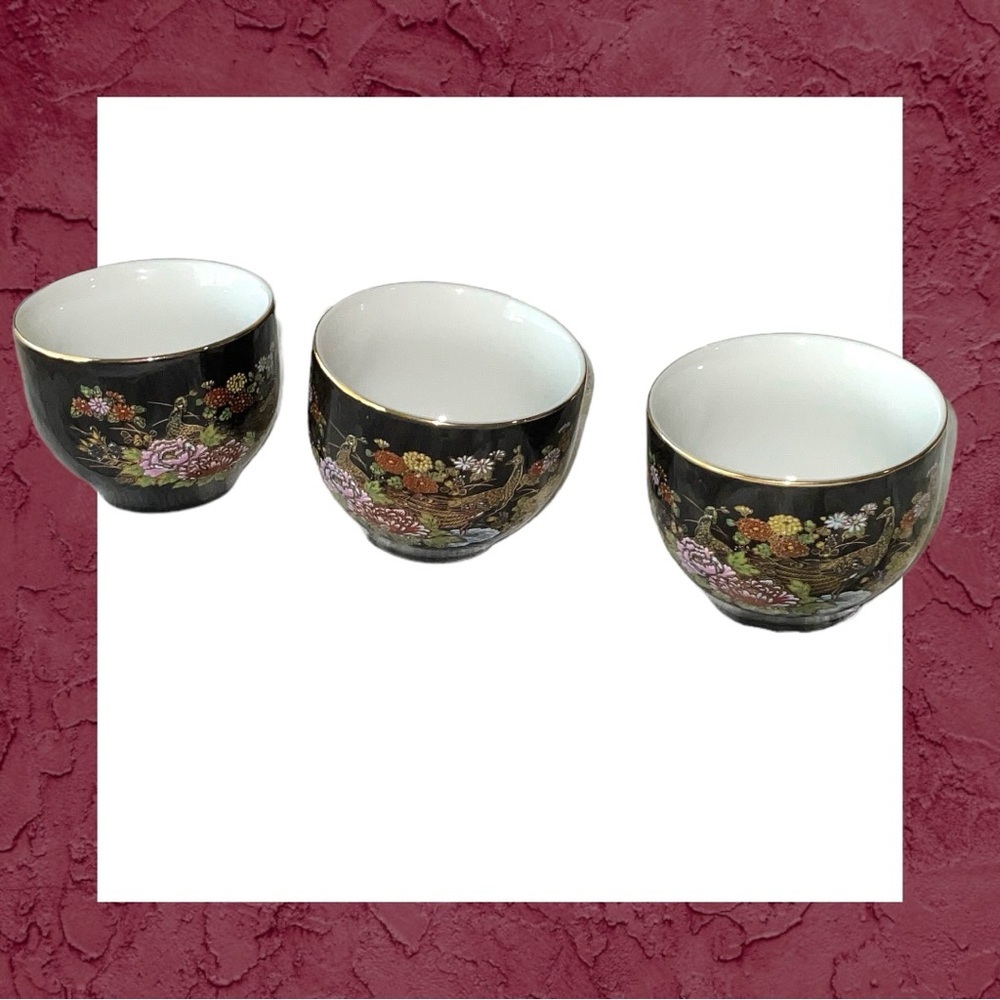 3 Vintage MCI Black w Gold Trim Japanese Cups Peacocks Flowers